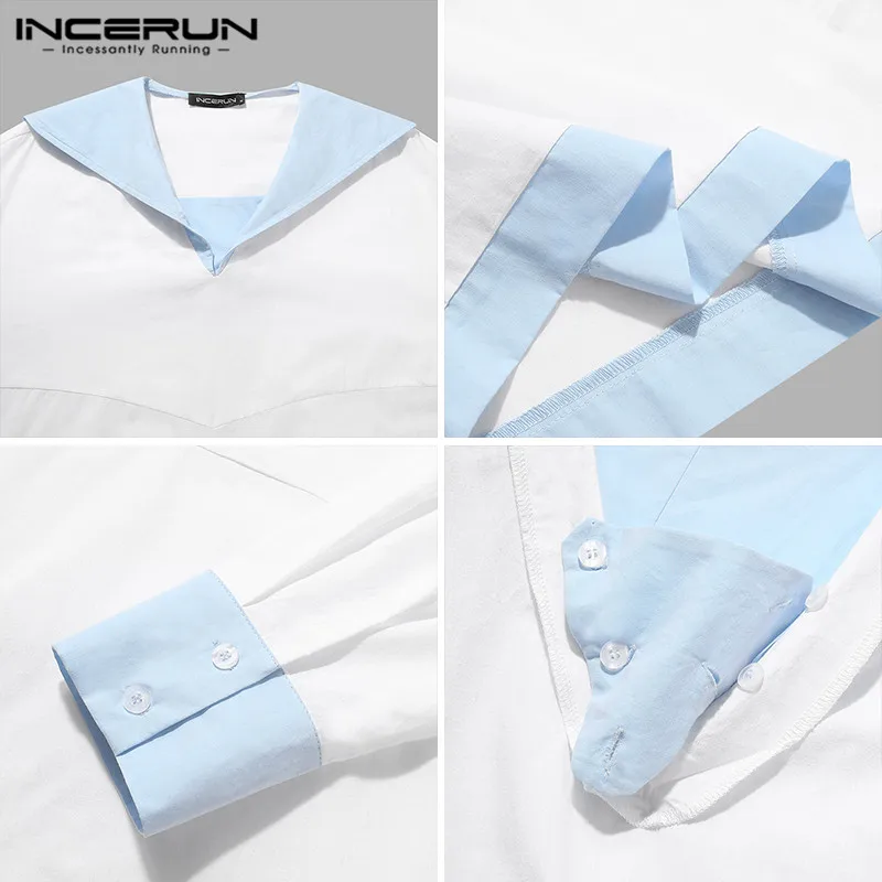 

INCERUN Men Casual Shirt Patchwork 2021 V Neck Long Sleeve Japanese Style Preppy Style Vintage Shirts Streetwear Leisure Camisas