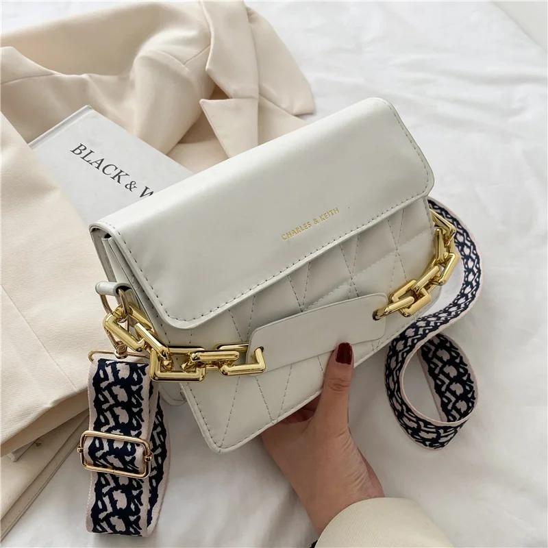

Sewing Thread Diamond Lattice Pattern Crossbody Bag For Women Wide Strap PU Leather Small Flap Bag Thick chain Handle Handbag