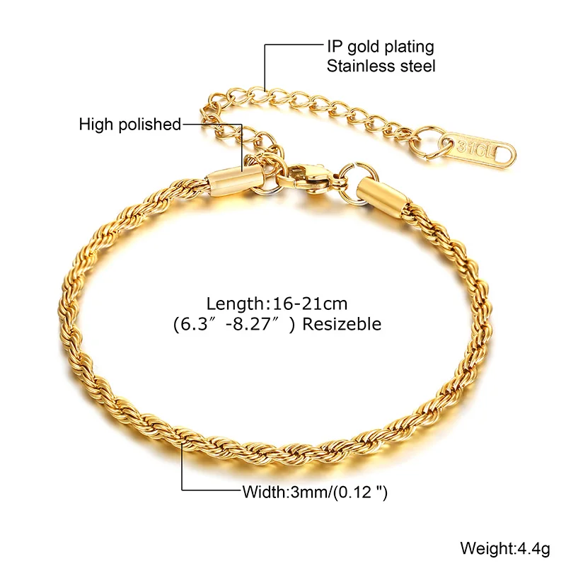 

Stacked Twist Rope Chain Bracelet for Women Stainless Steel Bracelets Female Wrist Adjustable Length Party Layering Jewelry