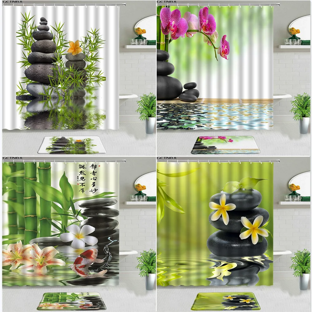

2PCS Zen Stone Shower Curtains With Bath Mat Set Non-slip Rugs Flower Green Bamboo Meditation For Bathroom Decor Bathtub Screen
