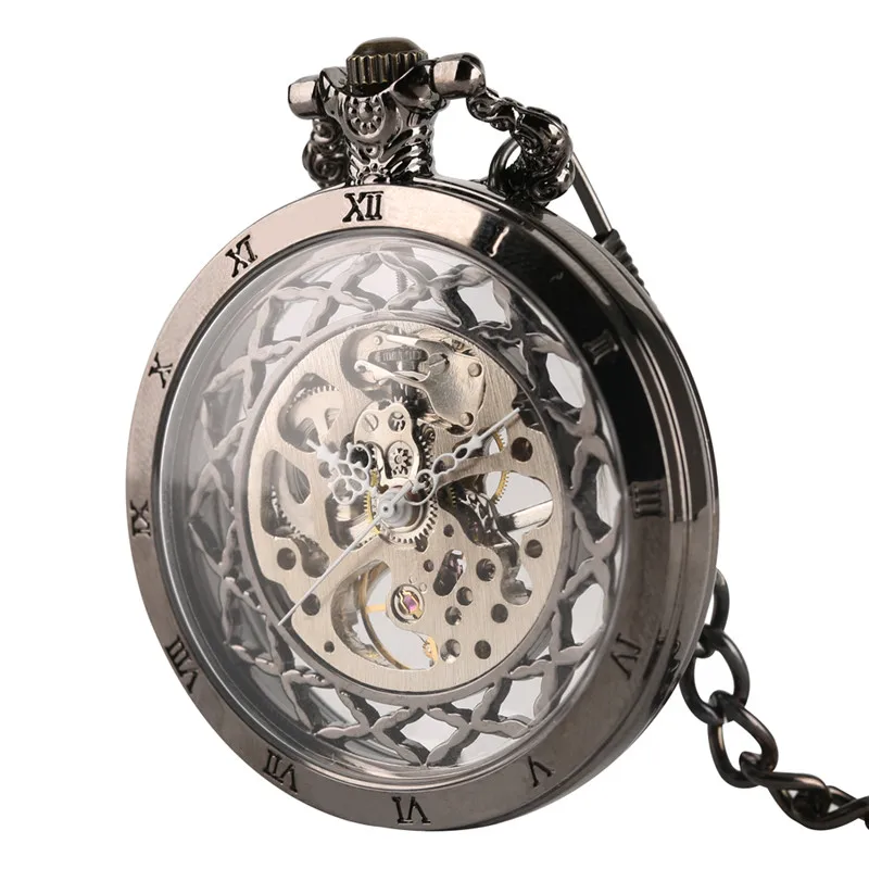 Silver/Black/Bronze Vintage Open Face Pocket Watch Transparent Hand Wind Mechanical Clock for Men Women Retro Pendant Chain