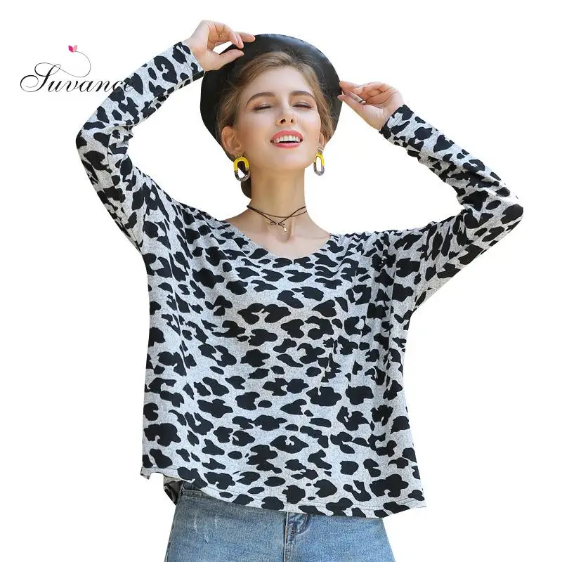

Autumn Winter Casual Leopard Print Color Sweater Fashion V Neck Loose Size S-xl Women Pullover Jl-yh207