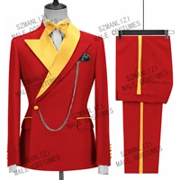 red formal suit men double breasted slim fit 2022 new design custom made gold lapel wedding suit for men groom party tuxedos