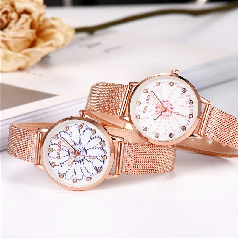 Женские роскошные часы из розового золота модные креативные с цветочным узором и