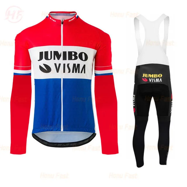 

JUMBO VISMA spring and autumn men's breathable long-sleeved cycling jersey set MTB Maillot Culotte 19D bib cycling jersey set
