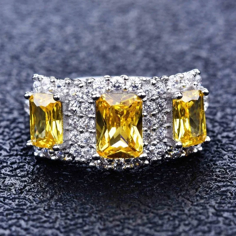 

Fashion Luxury Women's 925 Silver Powder Crystal Emerald Canary Yellow Diamond Open Ring Party Gift Jewelry Wholesale