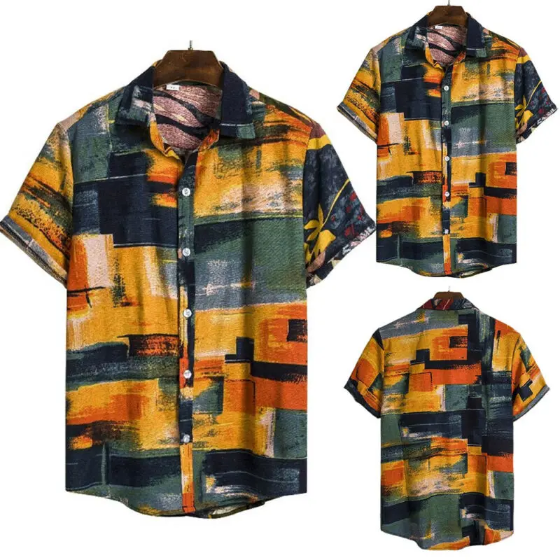 

Mens Short Sleeve Printed T Shirts Summer Beach Button Up Loose Casual Tops