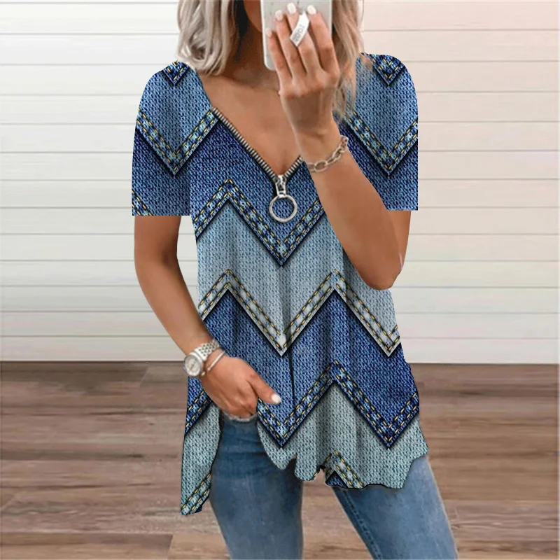 

Autumn Zipper Patchwork Printed Women's Clothing 2021 Harajuku Vintage Streetwear Summer Short Sleeve Loose Casual Lady Top Tees
