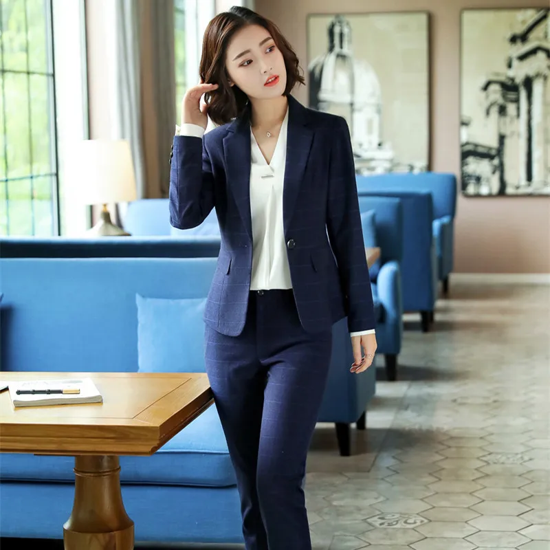 IZICFLY Autumn Spring High-End Plaid Office Women Blazer With Trouser Business Interview Elegant Pants Suits Outfit Work Wear