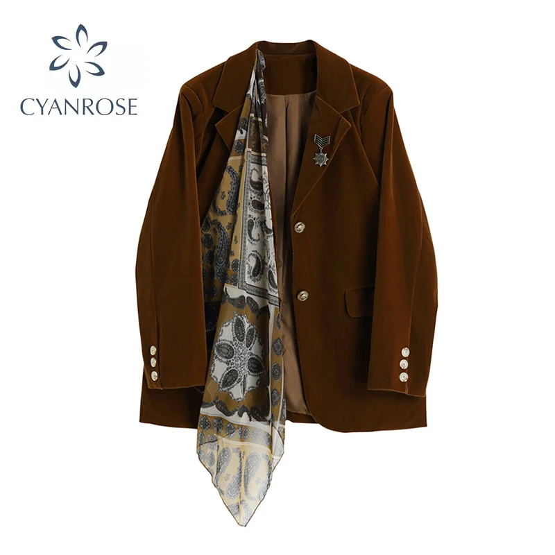2021 Blazer Coat Women pattern Autumn Velvet Retro Shoulder Pad With Scarf Badge Loose Casual Suit Buttons Long Sleeves |