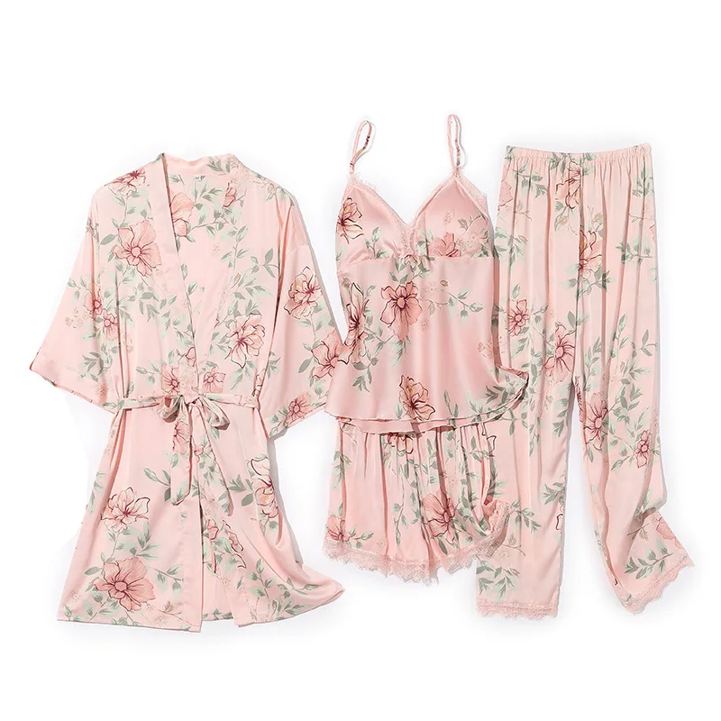

Loose Sexy Pajamas Suit Satin V-Neck 4PCS Sleep Set Rayon Print Flower Women Sleepwear Casual Spring Pyjamas Kimono Robe Gown