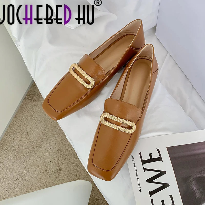 

【JOCHEBED HU】Fashion Single Shoes Women New Style Genuine Leather Square Toe Square Buckle Low-Heel Loafers Casual Flat Ladies