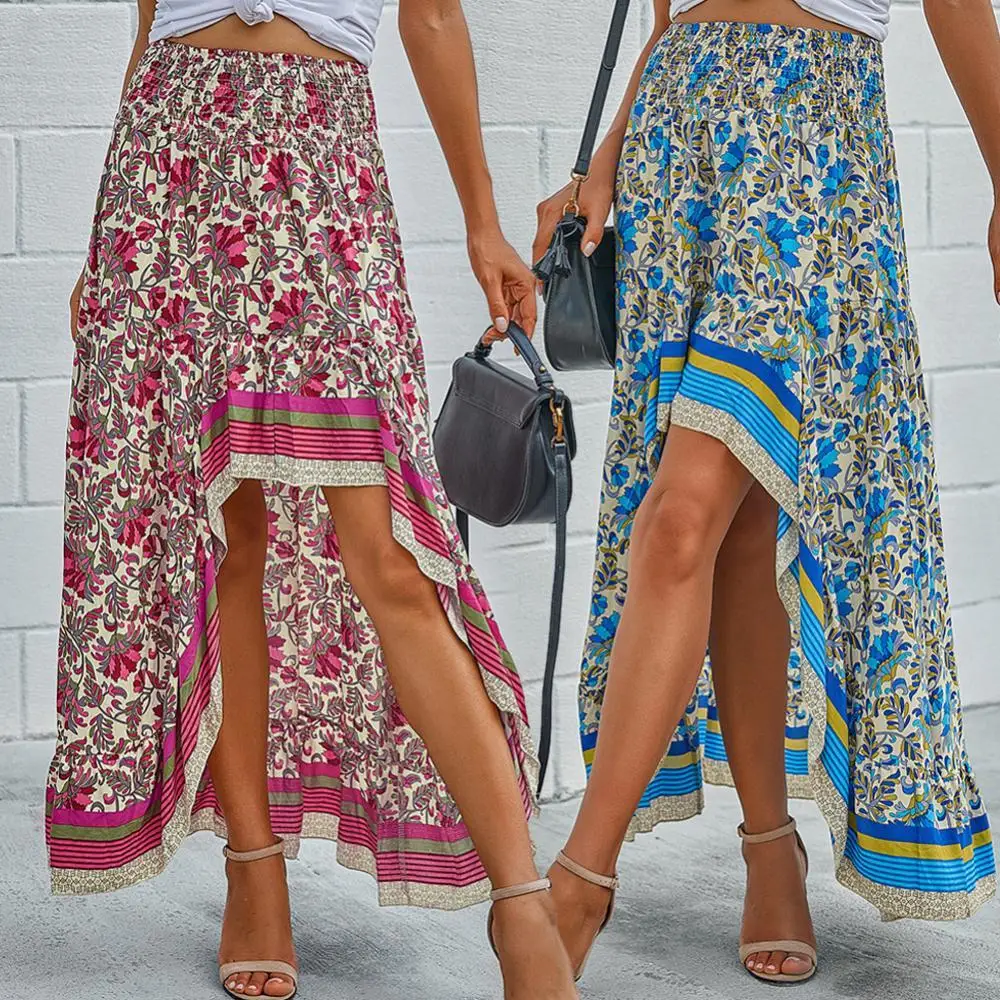 

2021 Women Stylish Elastic High Waist Ethnic Floral Print High Low Hem Long Skirt Suitable For Dance Vacation Daily Wear