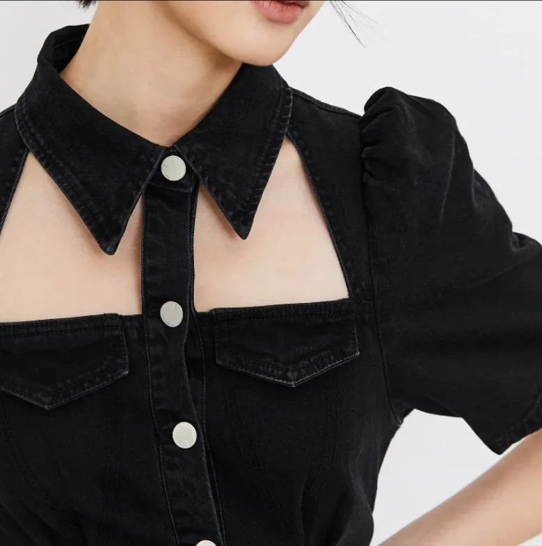 

XUXI Summer 2021 Women The New Korean Thin Large Size Hollow Out Short Sleeve Lapel Denim Mini Skirt E1110