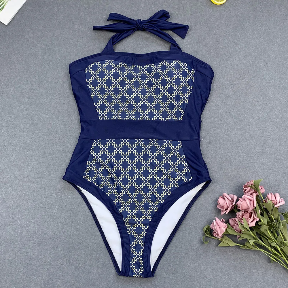 Белый синий в полоску с вырезом сдельный купальник сексуальный открытая спина