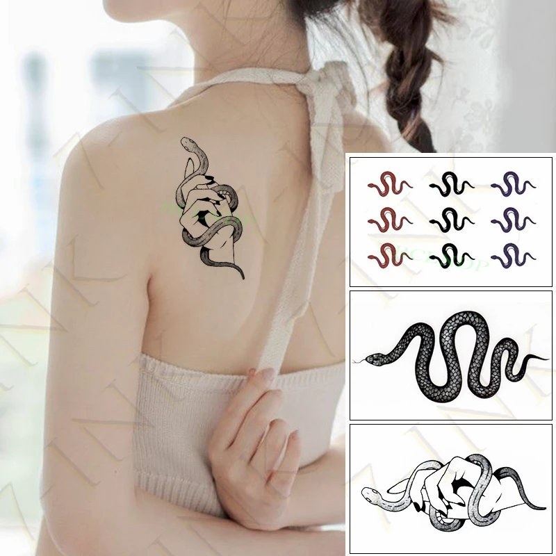 

3pcs Waterproof Temporary Tattoo Sticker Black Flower Snake Body Art Fake Tatto Flash Tatoo Leg Arm Hand Neck Foot for Women Men