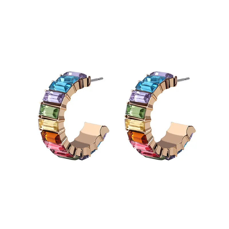 

TIMEONLY Romantic Colorful Shinning Rhinestones Hoop Earring C Shape Metal Earrings for Women Girls Luxury Jewellery Simple