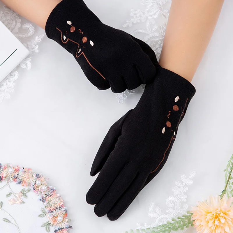 

Korean Cute Cat Embroidery Inside Plush Full Finger Gloves Woman's Winter Outdoor Cycling Warm Mittens for Touch Screen Driving