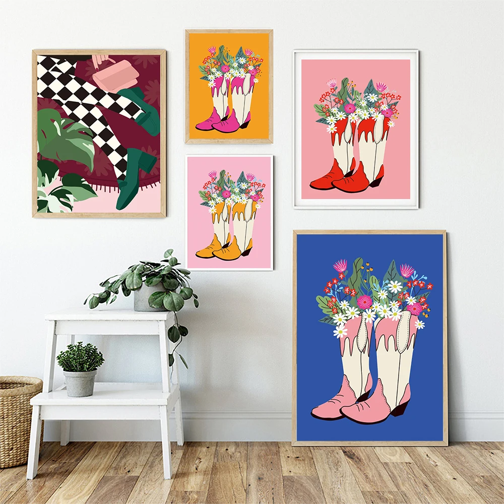 

Розовые красные ковбойские ботинки букет цветов Художественная печать без рамки картина в винтажном стиле Бохо Искусственная Девушка крут...