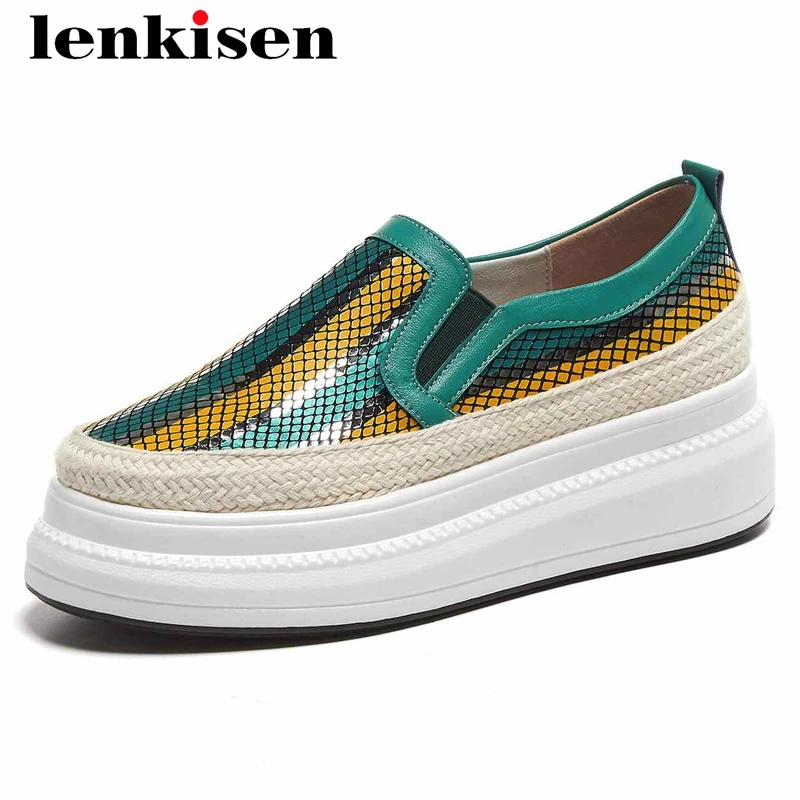 

Lenkisen superstar genuine leather mixed colors platform handmade sneaker round toe slip on leisure maiden vulcanized shoes L31