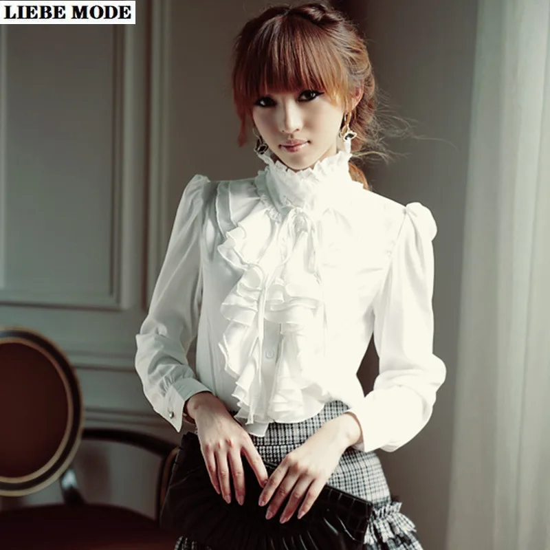 

Plus Size Vintage Office Ruffle Chiffon Shirt Long Sleeve Blouse Women Ladies Work Tops Clothes Chemise Black White Blusas Mujer