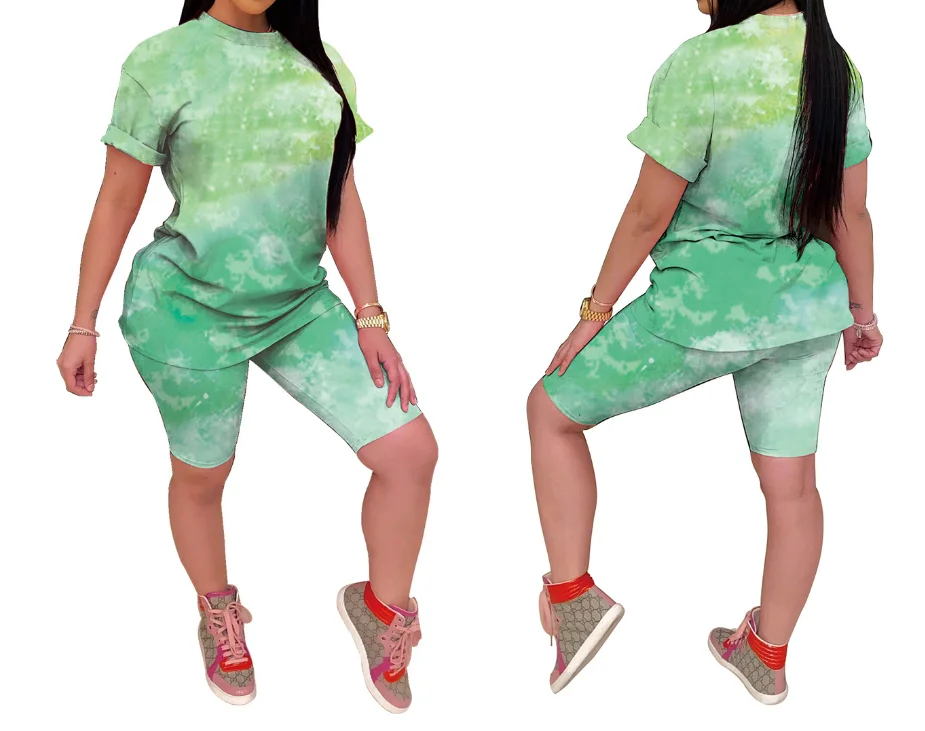 

Streetwear Casual Tie-dye Sports Suit Crop Top And Shorts Women 2 Piece Sets Sexy Festival Party Clothing Workout Two Piece Set
