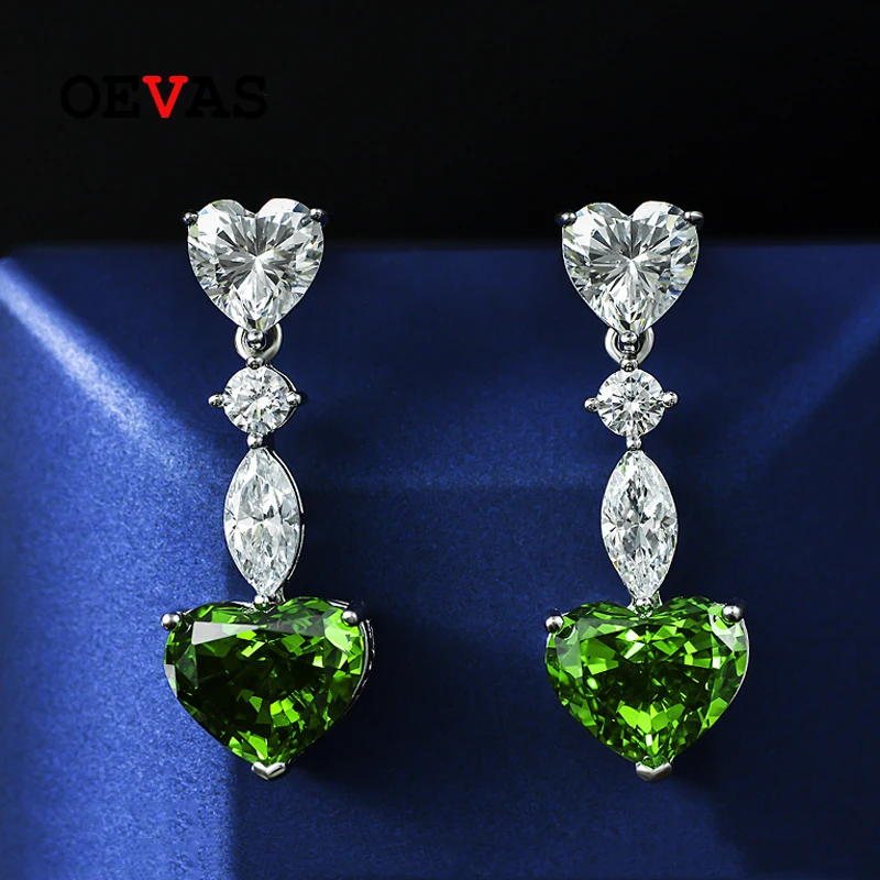 

OEVAS 100% Sterling Silver 10*12mm Heart Emerald High Carbon Diamond Stud Earrings For Women Sparkling Wedding Fine Jewelry Gift