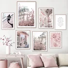 Настенная картина в скандинавском стиле, настенные постеры с изображением розового пейзажа города, здания, цветов, автомобиля, декор для гостиной