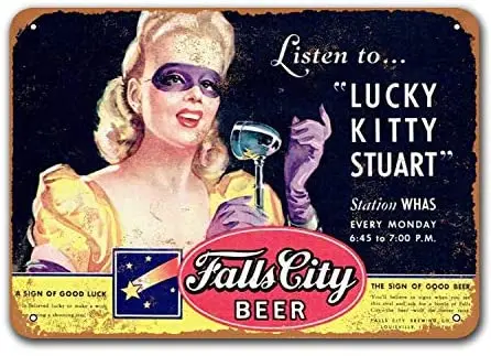 

Retro Metal Tin Sign Falls City Beer and Lucky Kitty Stuart WHAS Bar Signs, Sisoso Plaque Poster Cafe Pub Wall Decor 8x12 inch