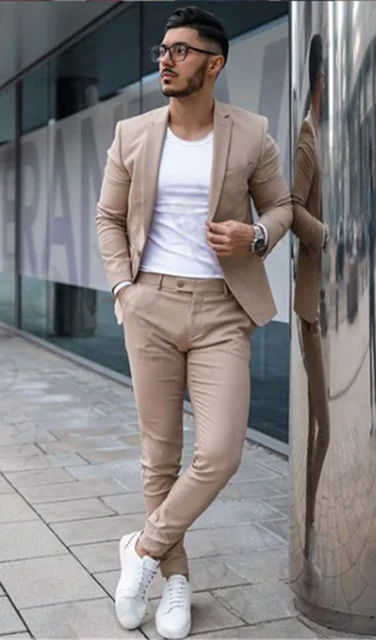 

Handsome Kahki Mens Suit business Costume Groom Slim Fit Tuxedos Groomsman Mens Wedding Dress Bridegroom Blazer and Pants