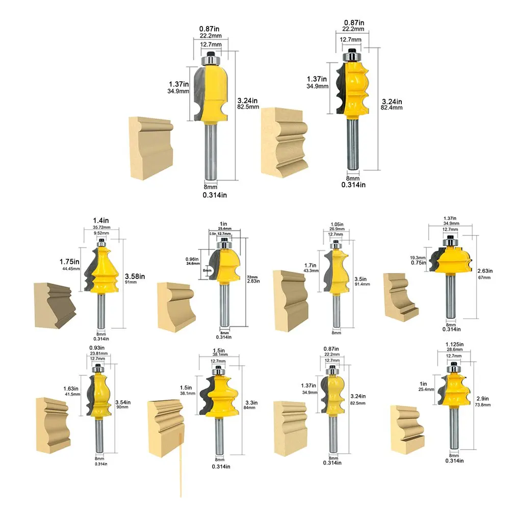 

10pcs/set Shank Architectural Molding Handrail Router Bits Housing Base CNC Line Woodworking Cutters Face Mill