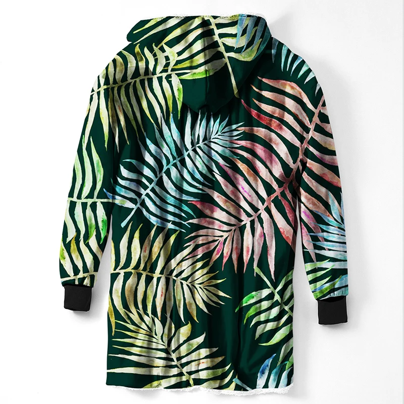 Шерпа с зелеными листьями одеяло капюшоном и рукавами покрывало тропическими