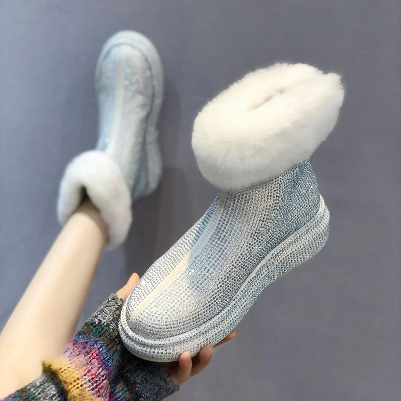 

Pearl Bow Warm Snow Boots Crystals Luxury Women's Autumn Winter Short Boots Soft Sole Rhinestones Winter Plush Flats Snow Boots