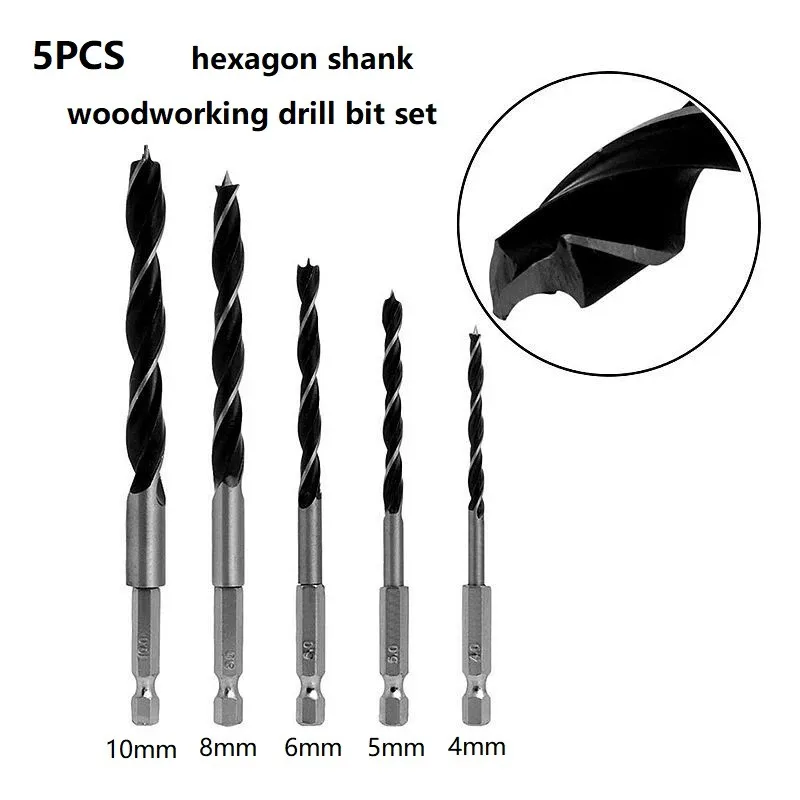 

5PCS Three-point Drill Bit Woodworking Drill Bit 1/4" Hex Shank Rotary Head Electric Drill Wood Plank Hole Special 4 5 6 8 10mm