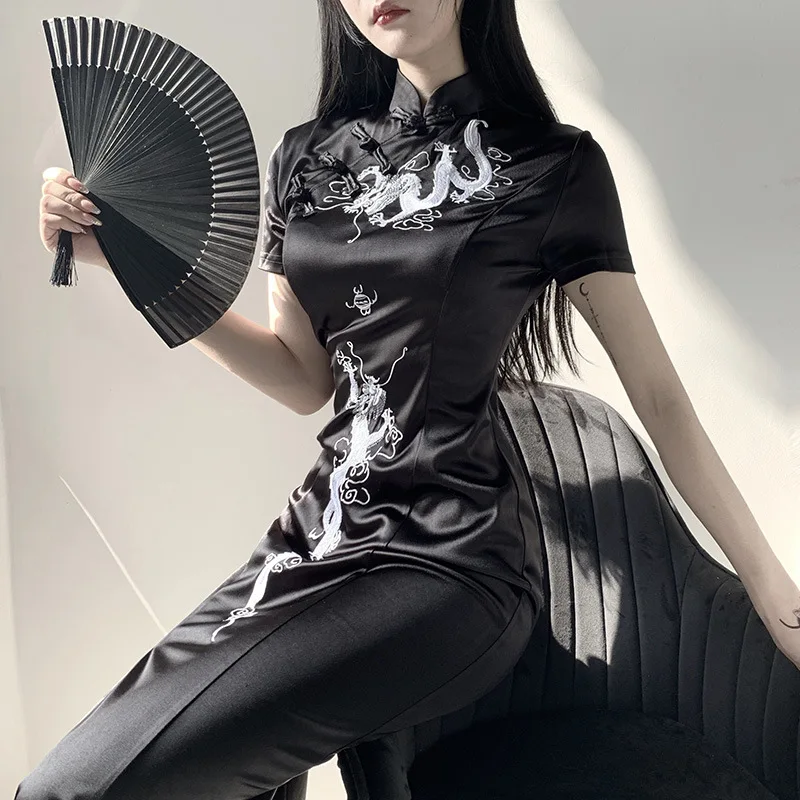 

Ins Goth Aesthetic Dragon Dress Goth Vintage Bodycon High Waist Mini Dresses Elegant Short Sleeve Lady Party Dress Cheongsam