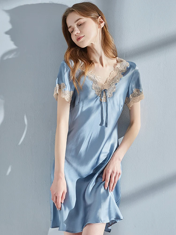 100% Real Silk Nightgown Women Summer Luxury Sexy Nightdress Robes Blue Retro Homewear Lace Sleepwear Nightwear Dressing Gown