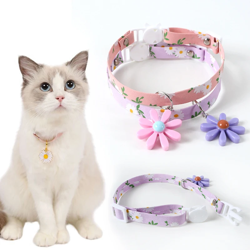 

2021 Pet Cat Collar Cute Daisy Flower Pattern Cat Bell Collar Adjustable Dog Ribbon Collar For Cats Small Dogs Puppy Neck Strap