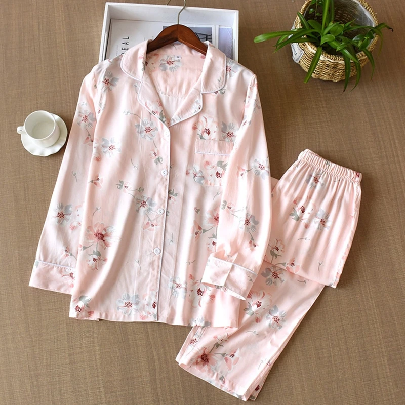 

K3NF Women Autumn 2 Piece Cotton Pajamas Set Long Sleeve Lapel Button Down Tops Loose Pants Vintage Floral Printed Sleepwear