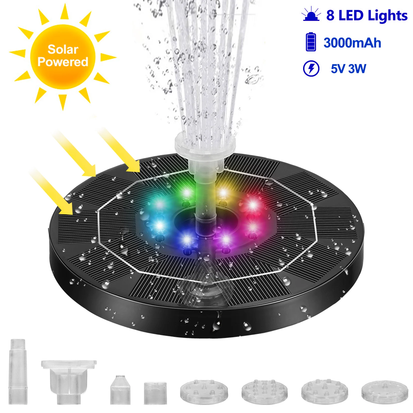 

5V 3W Solar Water Fountain Pump Luminous 8 LED Colorful Lights Garden Floating Fountain Pump Swimming Pools Pond Lawn Decoration