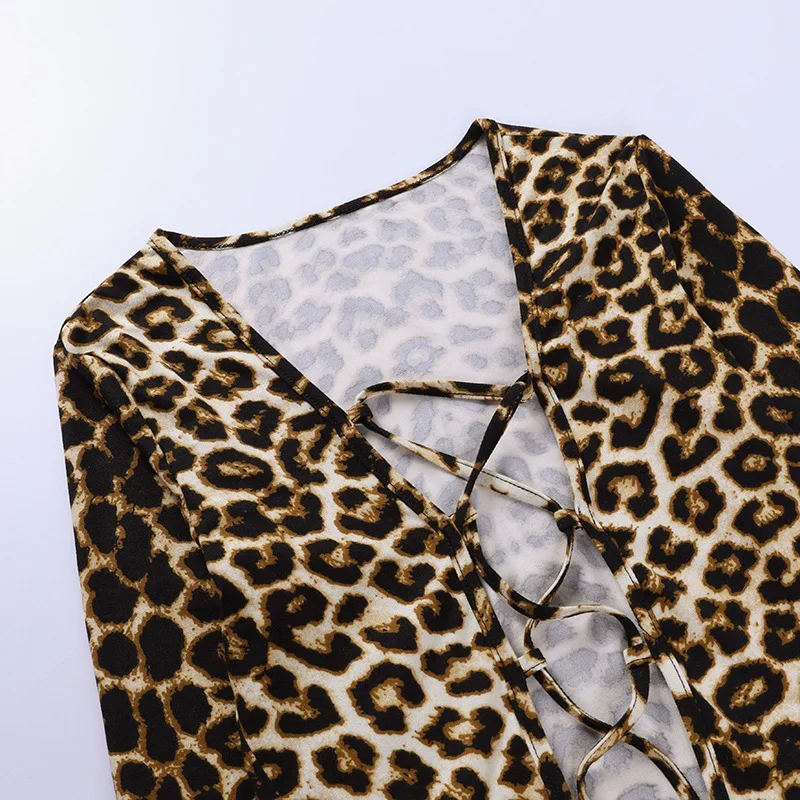 

Woman Skinny Sets Spring Fashion Slim Sexy Leopard Lace-up Long Sleeve Woman Casual Short T-shirt Crop Top & Pencil Pants