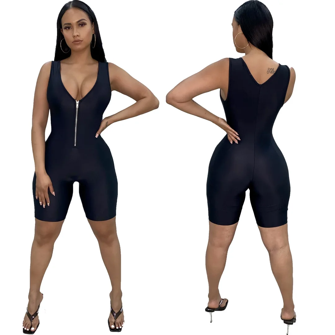 women playsuit solid Fluorescence skinny bodysuit 2020 spring summer sleeveless sexy v-neck zipper fly short outfit romper |