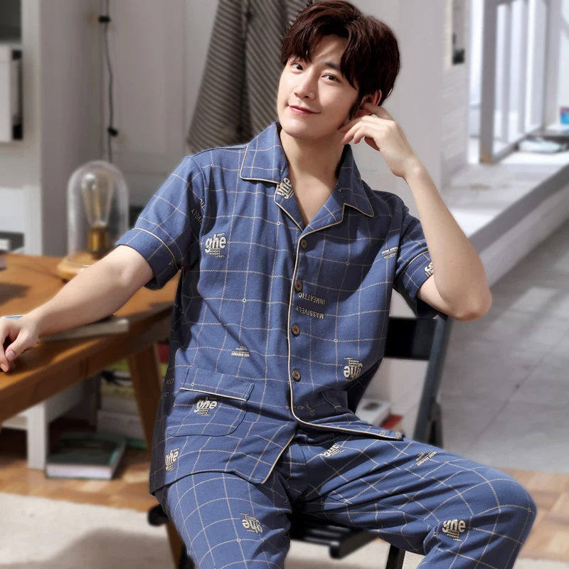 Casual Loose Sleepwear Thin Summer Korean Pajamas Long Bedroom Cotton Comfy Set Sleepwear Szata Zestawy Men's Sleep DB60SY