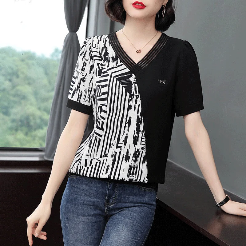 

Lady Casual Patchwork Blusas Tops Women Fashion Loose Style Blusas Short Sleeve V-Neck Spring Summer Style Tops