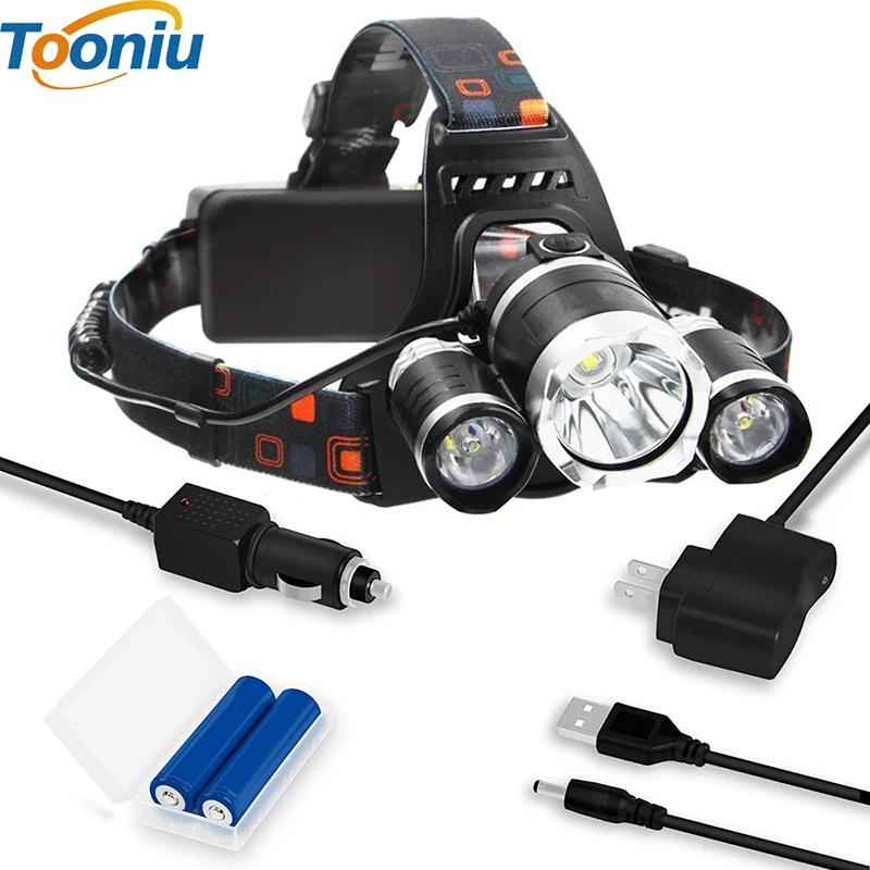 Перезаряжаемые фар 13000Lm xm-T6 3Led фары головного света Рыбная ловля лампа Охота Фонари+ 2x18650+ автомобильное/ AC/USB Зарядное устройство
