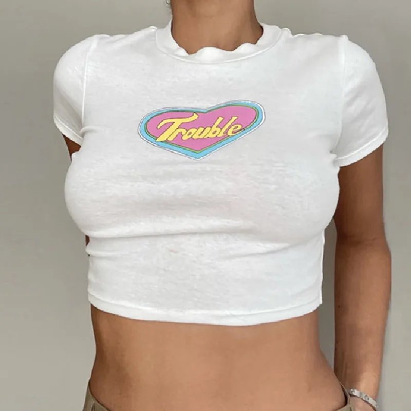 

2021 Women Casual Wild Summer Crop Tops Heart & Letter Print Short Sleeve Round Neck Slim Fit Daily Wear Base T-Shirt