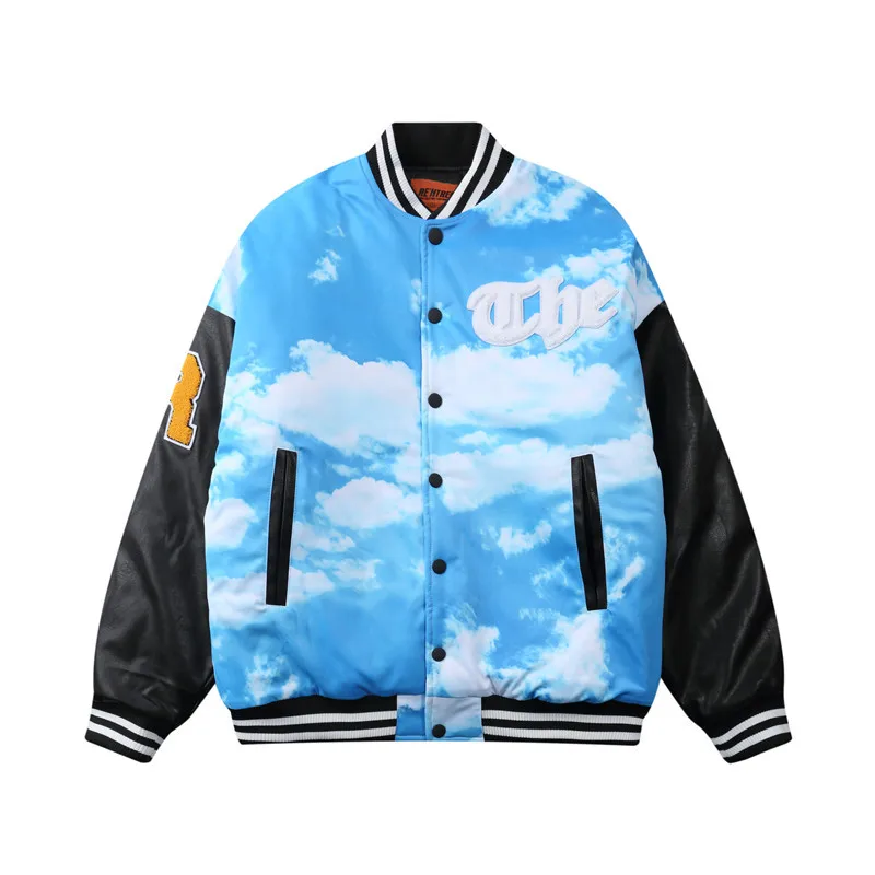 

Mens Blue Sky Print Patchwork Bomber Jackets Vintage Harajuku Long Sleeve Baseball Jacket 2020 Autumn Unisex Oversize Streetwear