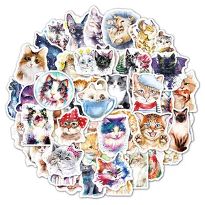 50pcs mix styles cute cat watercolor animal stickers aesthetic laptop luggage phone scrapbook graffiti decals sticker kids toy free global shipping
