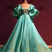 green elegant exquisite evening dress a line floor length applique ruffle saudi arabia formal dress dubai prom dress custom made