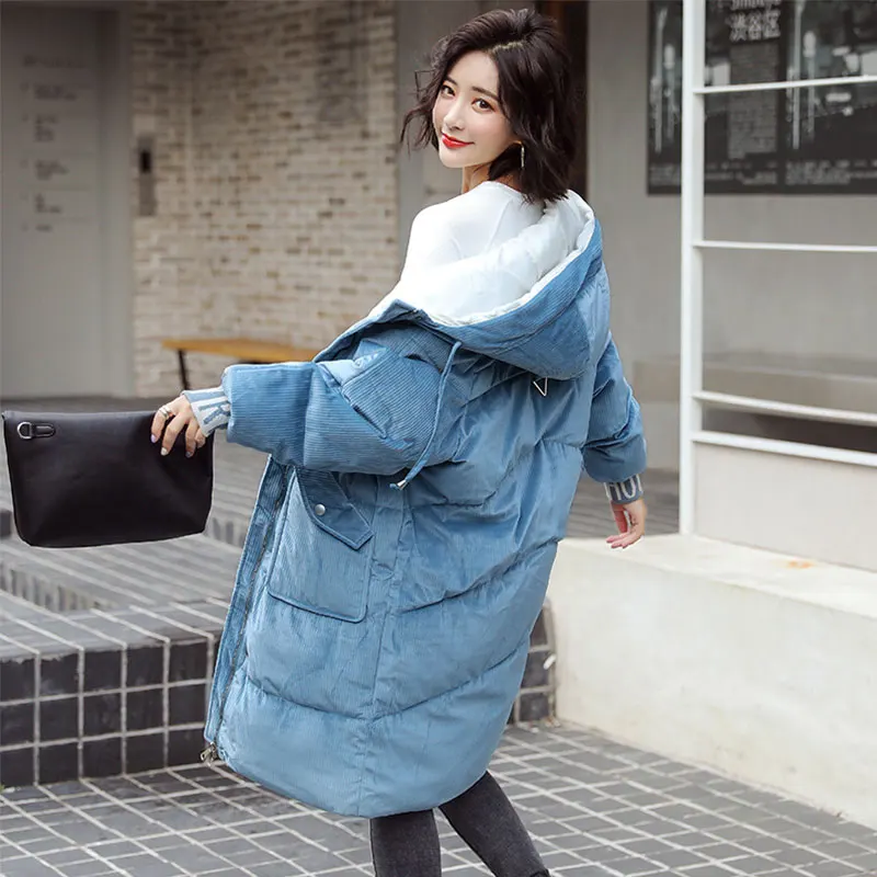 Шикарное длинное вельветовое зимнее пуховое пальто с капюшоном Женская куртка