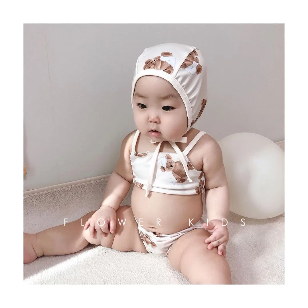 

2021 Split Swimsuit Summer New Toddler Baby Girl Cartoon Pictures Suspender Blouse +kid Fairy Soft Short Swimming Trunks + Hat